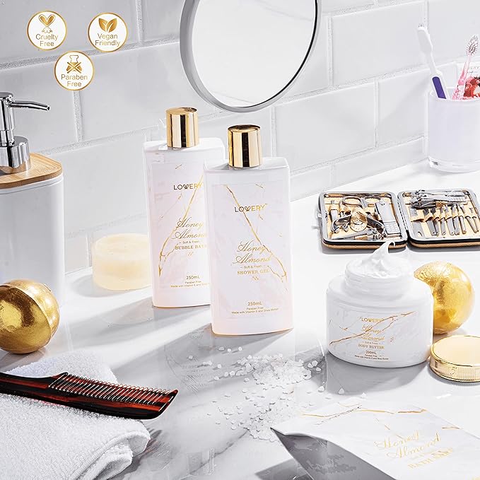 Mothers Day Gifts for Mom, Gift Basket, Spa Gifts For Women, 31Pc Self Care Kit, Stress Relief Gift, Birthday, Thank You, Honey Almond Bath and Body Gift - Toiletry Bag, Nail Kit, Bath Bombs & More