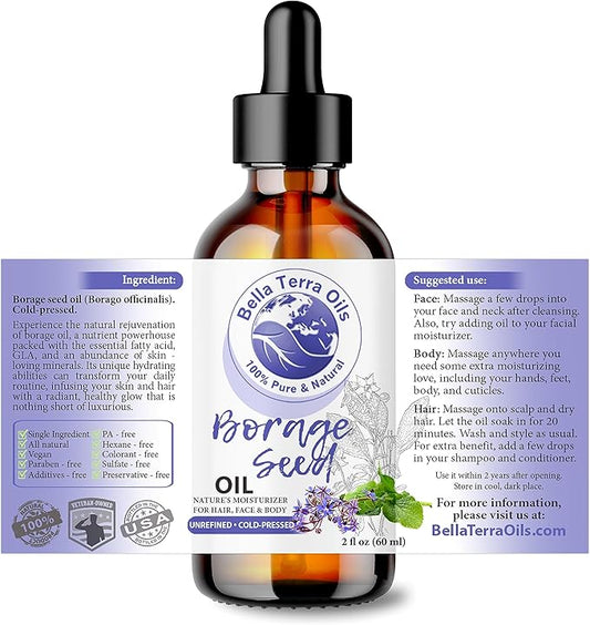 Bella Terra Oils - Organic Borage Seed Oil 2oz - Dive into a World of Omega-6 & Essential Minerals, Natural Nourishment for a Radiant Complexion