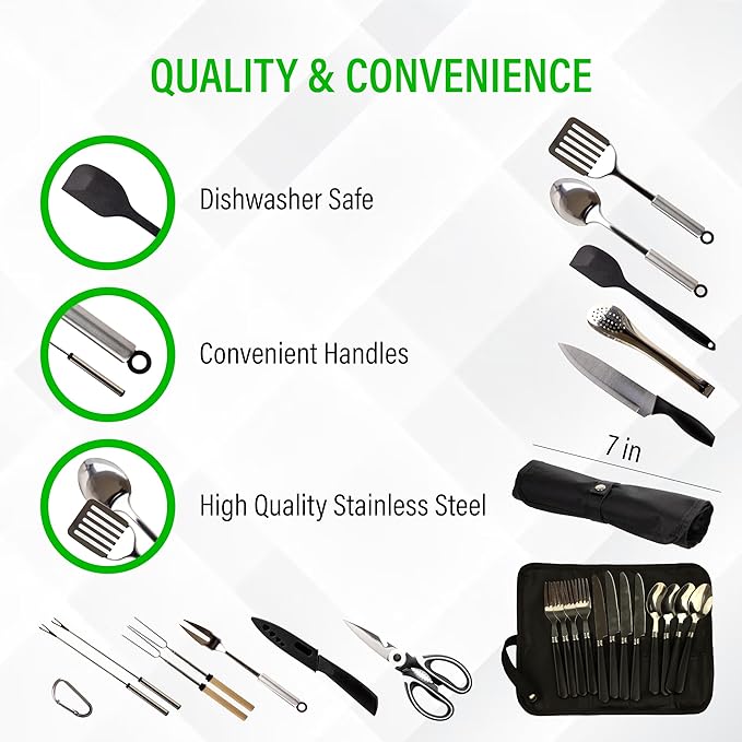 30 Pcs Camp Cooking Utensil Set & Outdoor Kitchen Gear Cookware Kit, Portable Compact Carry Case for Camping, Hiking, Travel, BBQ Grilling Stainless Steel Accessories Spoon & Fork, Navy