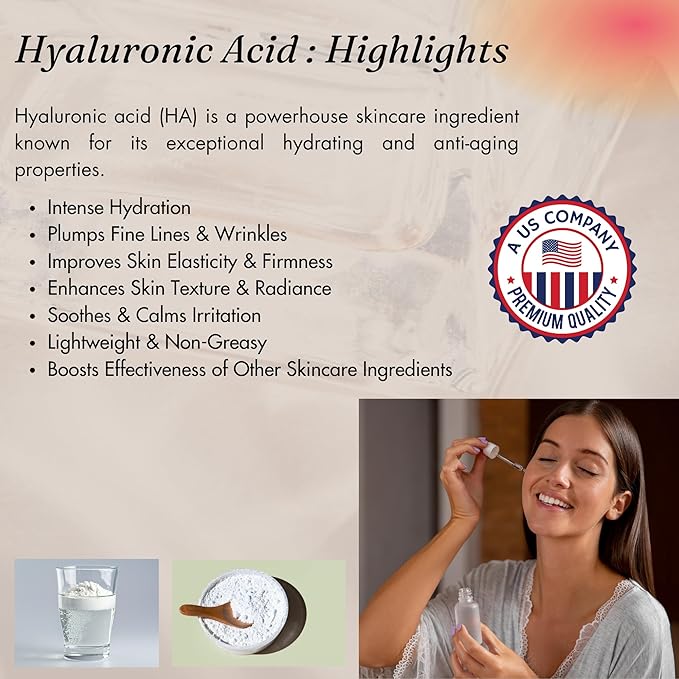 Hyaluronic Acid Powder Pure High Molecular Weight Cosmetic Grade Water Soluble Sodium Hyaluronate for Skin Face Cosmetic Applications Make Your Own Serum