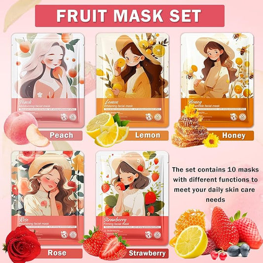 Facial Masks for Women Skin Care,10 Pack Kids Face Masks Spa,Hydraiting Hyaluronic Acid Face Mask Set for Girls,Natural Ingredients Mascarillas Faciales Para Niñas