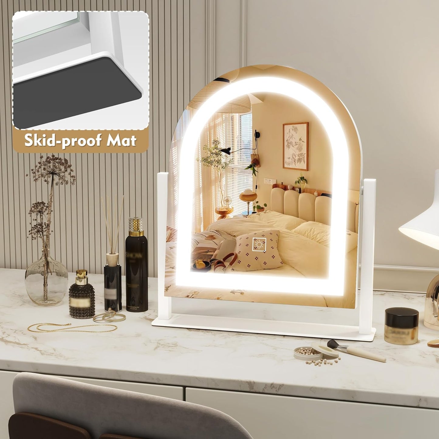 Lighted Makeup Mirror with 3-Color Dimmable Lighting, with Removable 10x Magnifier, Smart Touch Control, 360° Rotation, 15" x 13" Hollywood Vanity Mirror for Tabletop or Desk (White)