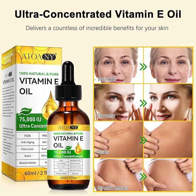 Vitamin E Oil, Natural Pure Bio Vitamin E for Skin, Face and Scars, Body Bath Oil Moisturizing Dry Skin and Winkles 2Fl Oz