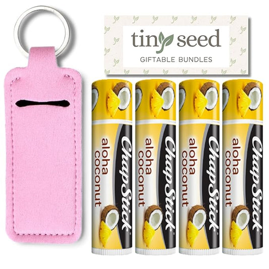 Set of 4 Lip Balms in Aloha Coconut Flavor from Chapstick, Plus Bonus Lip Balm Holder Keychain (Pink). Limited Edition Flavor from the Tropical Paradise Collection, Unique Gift Bundle from Tiny Seed