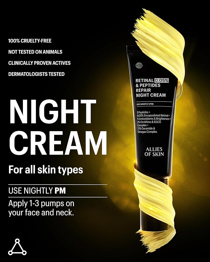 Allies of Skin Retinal 0.05% Peptides Repair Night Cream with 0.05% Encapsulated Retinaldehyde, Peptides, 2% Ornithine, EGCG Complex, 11 Brighteners, Antioxidants, and 7.1% Ceramide & Omegas Complex