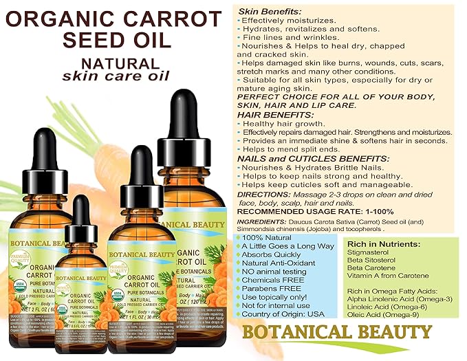 Botanical Beauty Organic CARROT SEED OIL 100% Pure VIRGIN UNREFINED Undiluted Cold Pressed Carrier Oil 2 Fl.oz.‐ 60 ml. for Face, Skin, Body, Hair, Lip, Nails. Rich in Beta Carotene, Vitamin E