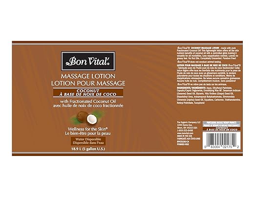 Bon Vital' Coconut Massage Lotion with 100% Pure Fractionated Coconut Oil, Lightweight Massage Lotion, Provides a Massage with Intense Skin Hydrating and Moisturizing, 5 Gal, Label may Vary