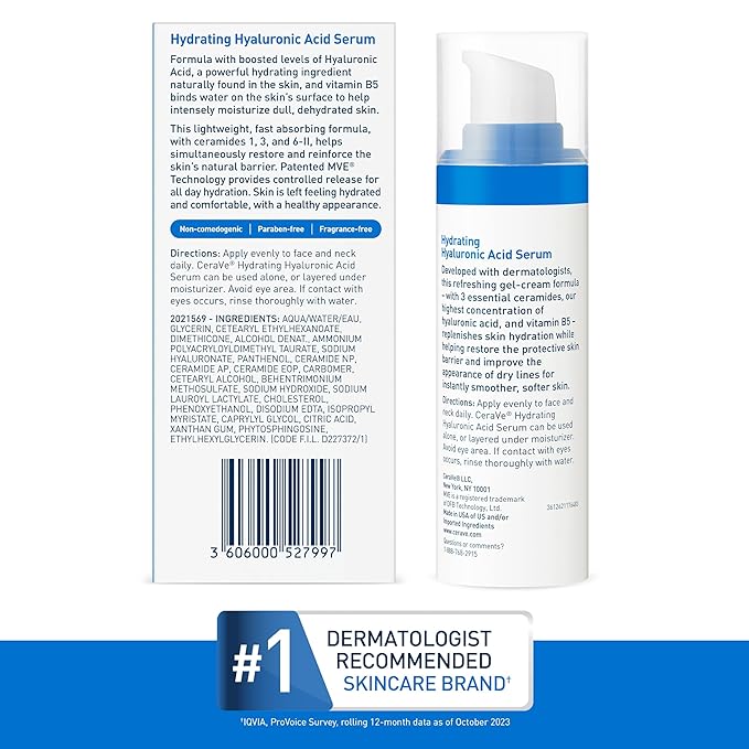 Cerave Hyaluronic Acid Serum for Face with Vitamin B5 and Ceramides, Hydrating Face Serum for Dry Skin, Fragrance Free, 1 Ounce