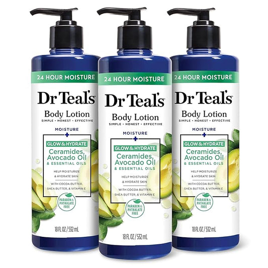 Dr Teal's Body Lotion, Glow & Hydrate Ceramides & Avocado Oil, 18 fl oz (Pack of 3)