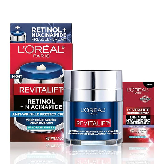 L'Oreal Paris Revitalift Pressed Night Cream, Retinol + Niacinamide, Reduces Wrinkles, Fragrance Free, 1.7 oz + Serum Sample
