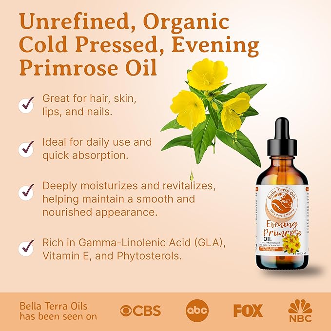 Bella Terra Oils - Organic Evening Primrose Oil 2oz - Celebrating Primrose's Nutrient Legacy, Infused with Vitamin E & Omega-6, Superior Oil Experience for the Skin