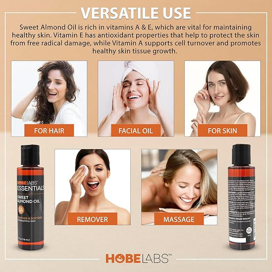 Hobe Labs Sweet Almond Oil, 4 oz - Skin Soothing Properties, Effective Emollient, Improves Skin Health, Fights Puffiness and Dark Circles, Non-Greasy Formula