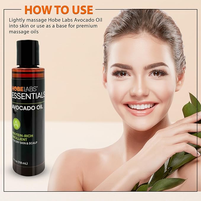 Hobe Labs Avocado Oil, 4 oz - Nourishes and Moisturizes Skin, Anti-Oxidants Relieve Inflammation, Protein Rich Emollient, Fights Early Signs of Aging