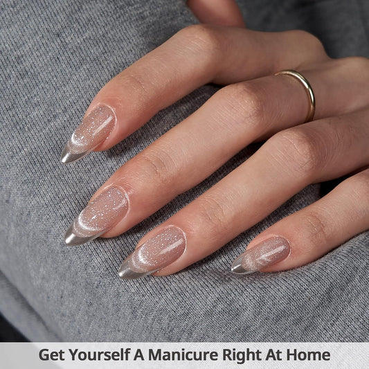 BTArtbox Almond Press On Nails Medium - Lamp-Curable Metallic French Tip Cat Eye Press On Nails with Glue for Women, Soft Gel Glue On Nails in 15 Sizes - 30 Stick On Nails Kit, Silver Storm