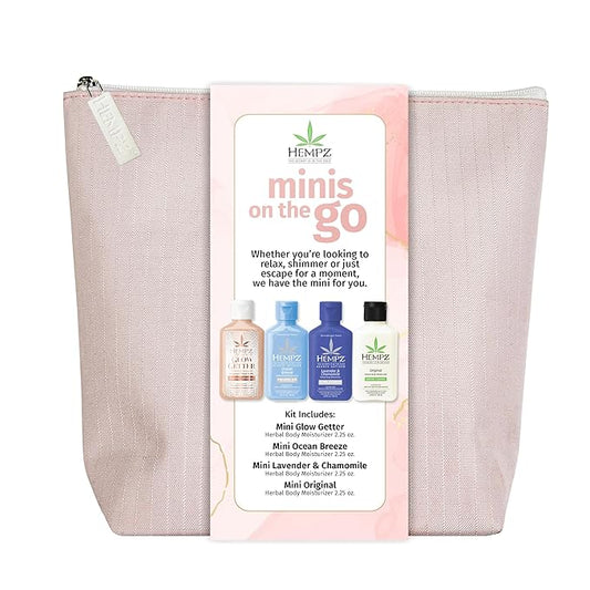 Hempz Minis on the Go - Hydrating Body & Hand Lotion (4-Pack), Travel Size 2.25 Oz Each - Perfect On-the-Go Moisturizer For Women, Featuring 4 Mini Lotions For Travel With A Free On-The-Go Bag
