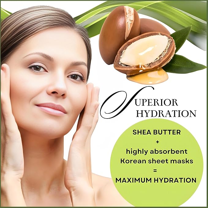 Shea Butter Facial Sheet Mask | Intense Moisture Daily Hydrating Face Masks | Face Moisturizer Skin Care Sheet | Korean Skincare | Not Tested on Animals [10 Sheets]