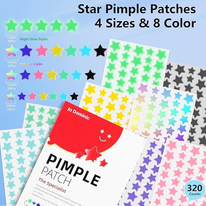 Pimple stars Patches for Face,2packs 4 Size 320 Counts Acne Patches, Hydrocolloid Patches for Covering Zits and Blemishes, Spot Stickers with Salicylic Acid, Tea Tree Oil