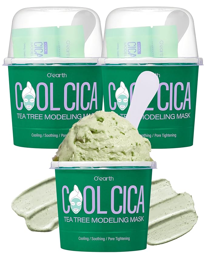 O’earth Cool Cica Tea Tree Modeling Mask- Rapid Cooling & Pore Tightening Korean DIY Home Spa Mask - Easy to Use - Hydrating & Deep Pore Cleansing, Pack of 3, 1.01oz.