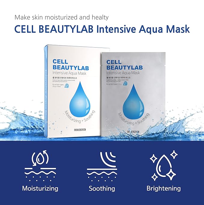 Intensive Aqua Mask 10 Pack | Hydrating, Moisturizing and Soothing Face Sheet Mask for All Skin Types | With Hyaluronic Acid, Panthenol, Shea Butter, Jojob Oil, Witch Hazel