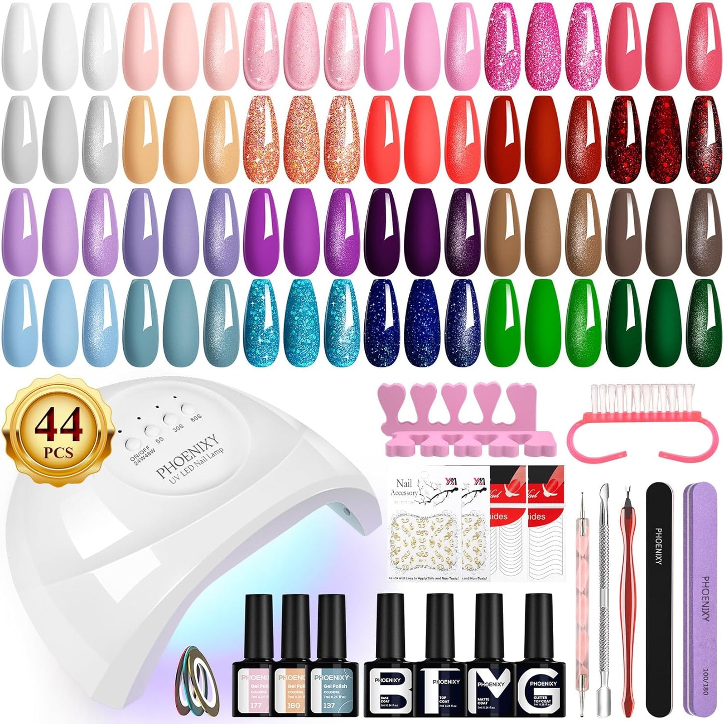 phoenixy Gel Nail Polish Kit with U V Light 48W, 44 Pcs 72 Effect Gel Nail Polish Set Base Glitter Top Coat Manicure Nail Tools Gifts for Women