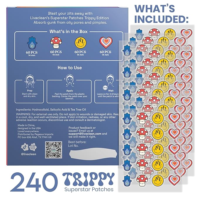 LivaClean 240 CT Superstar Cute Pimple Patches Trippy Edition w/Salicylic Acid & Tea Tree Oil - Pimple Patches Cute, Acne Patch for Face, Hydrocolloid Acne Patch