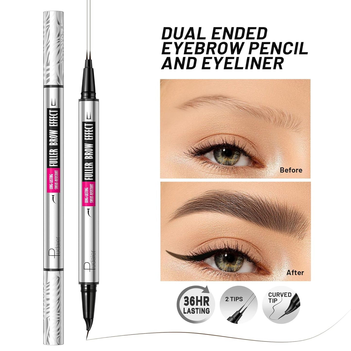 2 Pack 2 Fine Tip Eyebrow Pen, Waterproof Filling Faux Brow Makeup Pencils for Women with Precise Curved Brush-Tip to Fast Create Natural Hair-Like Brows, Last All-Day (Dark Brown)