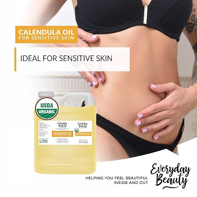 Organic Calendula Oil For Sensitive Skin -Bulk 32 Fl Oz- USDA Organic Certified 100% All Natural Plant Based, Lightweight & Unscented Gentle Soothing Oil For Sensitive Skin - For Face, Skin & All Over