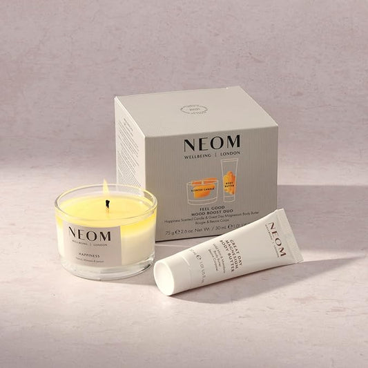 NEOM- Feel Good Mood Boost Duo Gift Set | Happiness Scented Candle & Great Day Magnesium Body Butter