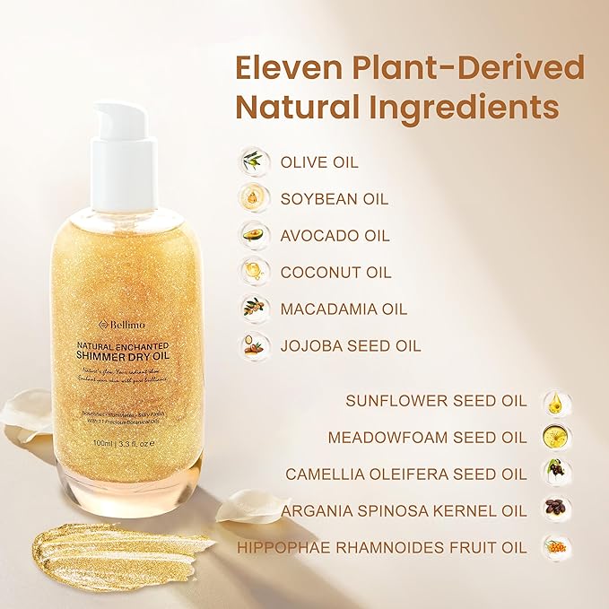 Body Shimmer Oil, Multi-Purpose Shimmer Radiance Body Oil, Rose Gold Body Glow Oil with Natural Ingredients & Mica Particles, Body Glitter Oil for Face, Body & Hair, Enhances Dark Tones & Tans