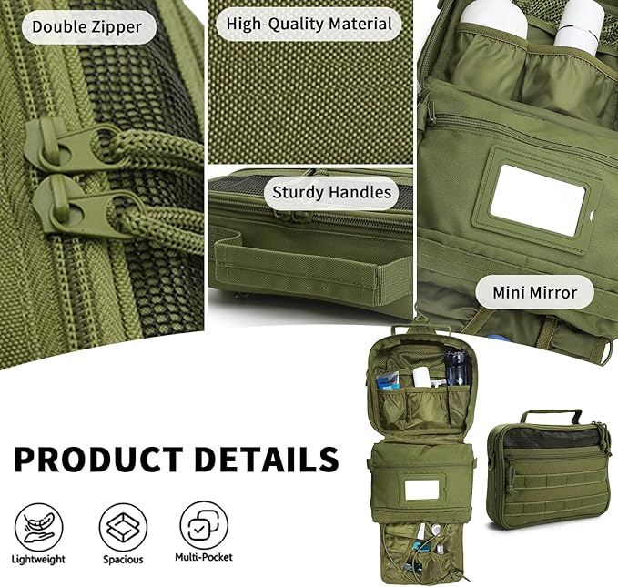 SMONT Toiletry Bag for Men Travel Toiletry Organizer Dopp Kit Organizer Toiletries Travel Bag Shaving Hygiene Bag Bathroom Hanging Men's Toiletry Bag for Short Trips Army Green