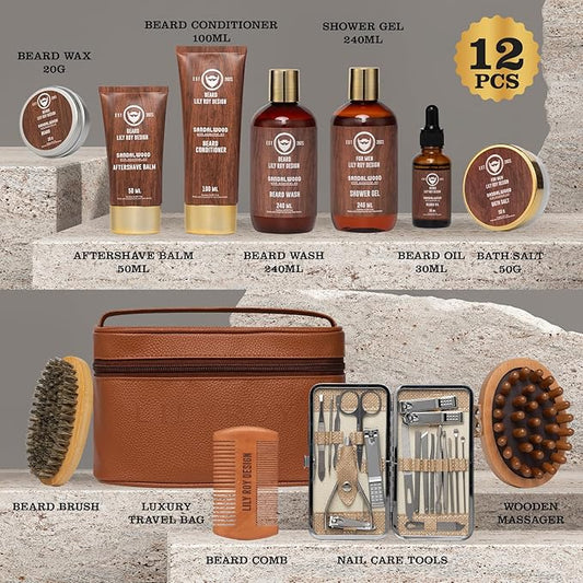 Father’s Day Gift - 12Pcs Sandalwood Men's Bath & Beard Gift Set for Men, Self Care Set with Beard Wash | Luxury Grooming Kit for Dad, Husband, Boyfriend, Christmas, Valentine’s, Birthday Gift for Him