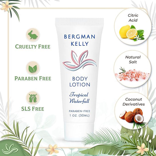 BERGMAN KELLY - Travel Size Lotion - 1 fl oz, 100 PK, Tropical Waterfall - Delight Your Guests w/Invigorating & Refreshing Body Lotion - Quality Mini & Small Size Guest Hotel Toiletries in Bulk