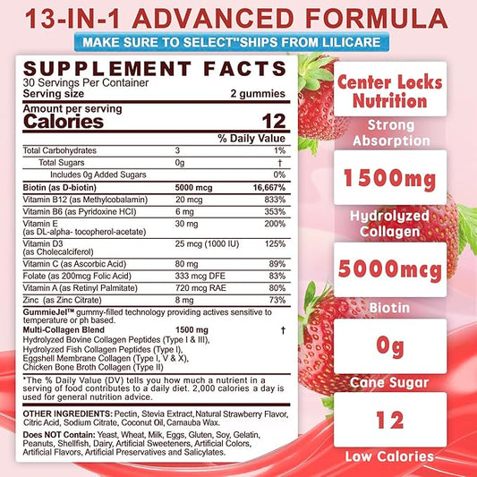 2Pack Sugar-Free Hydrolyzed Collagen Peptide Filled Gummies for Women & Men, with 1500mg Protein Type I,II,III,V,X, 5000mcg Biotin Vitamin C A E D3 B6 B12 for Immune Digestion Skin Hair Nails, Bone