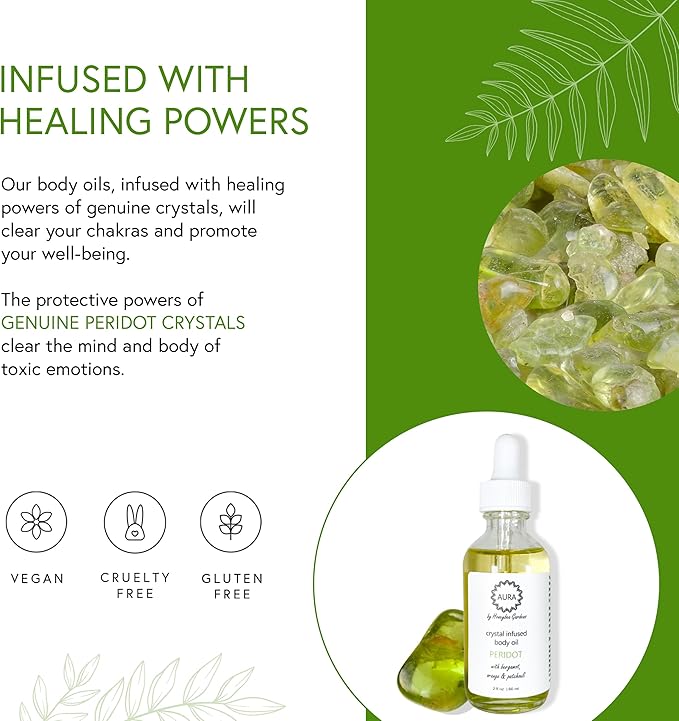 Honeybee Gardens Crystal Infused Body Oil, Peridot, Organic, Moisturizing, Non-Greasy, for All Skin Types, 2 Fl Oz