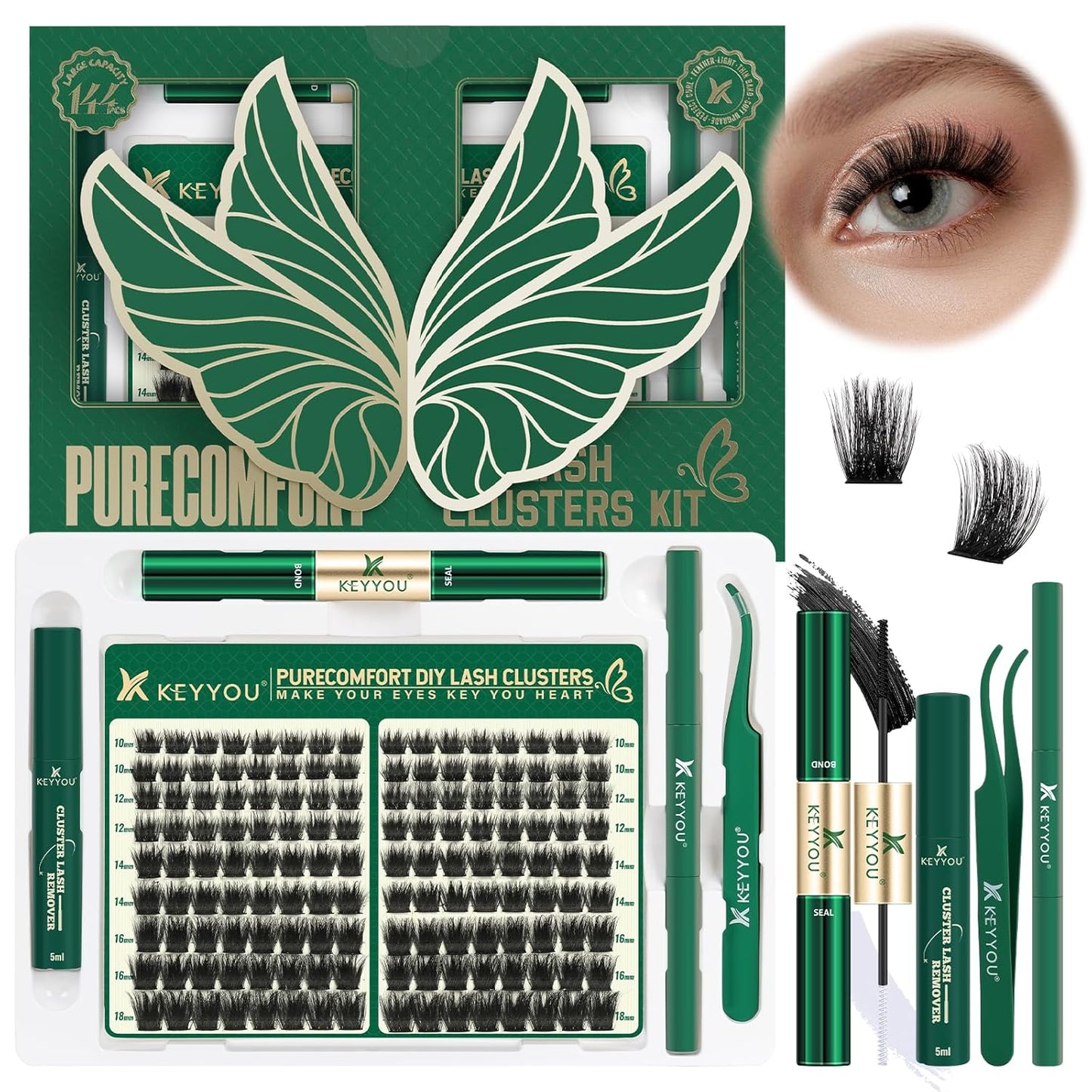 KEYYOU Lash Extension Kit 144pcs Thick Super Soft Lash Clusters with Lash Bond and Seal Lash Glue Remover Lash Applicator and Lash Brush Easy to DIY at Home（PC02-D-10-18MIX）