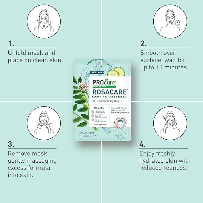 PROcure Rosacare Soothing Sheet Face Mask with Hyaluronic Hydrogel for Rosacea Symptoms, 5 Masks
