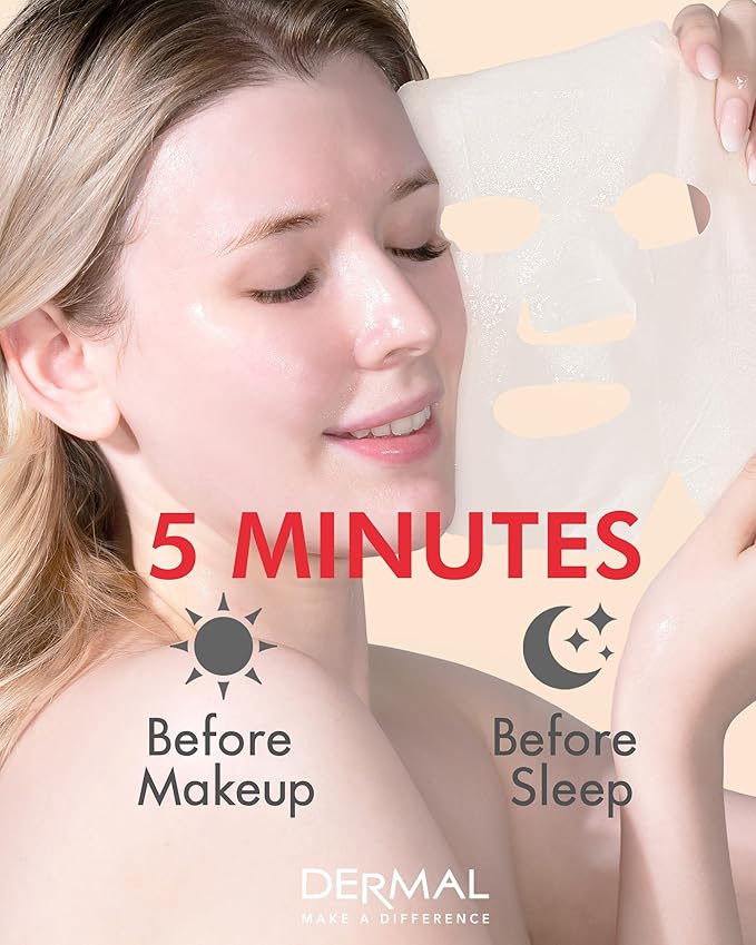 DERMAL Rose Collagen Essence Facial Mask Sheet 23g Pack of 10 - Refreshing & Moisturizing for Tried and Dry Skin, Calming, Daily Skin Treatment Solution Sheet Mask