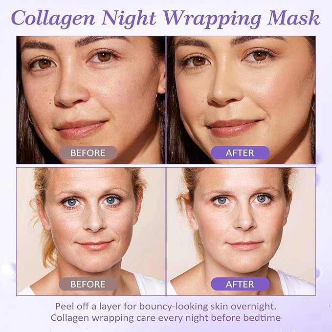 Collagen Night Wrapping Mask with Brush - Hydrolyzed Collagen Overnight Wrapping Peel Off Facial Mask Pack - Tightens & Hydration Collagen Face Mask Skin Care, Reduces Sagging & Dullness(2.54 fl.oz)