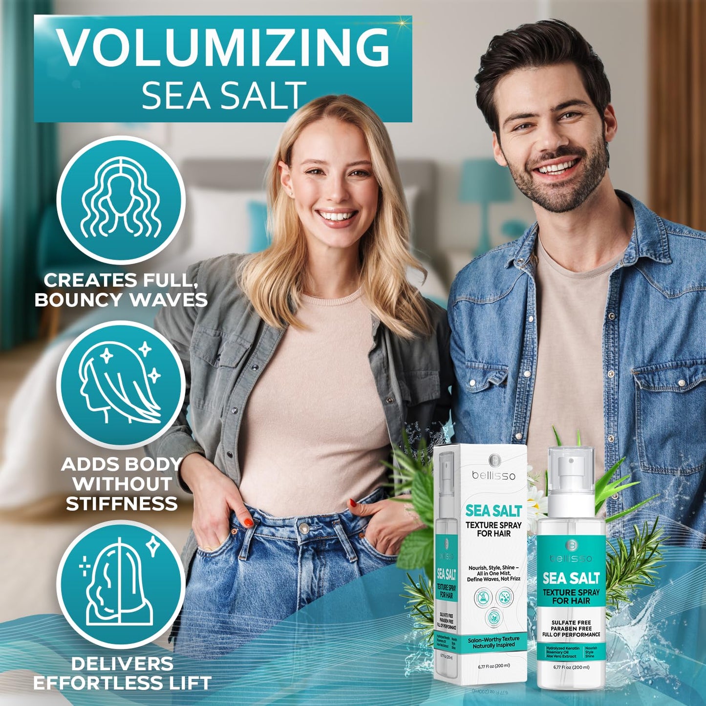 Sea Salt Spray - Dry Hair Texture for Women and Men - Products for Volume for Fine, Wavy and Curly Hair - Thickening, Texturizing and Light Volumizing Effect - Alcohol Free Formula - Travel Size