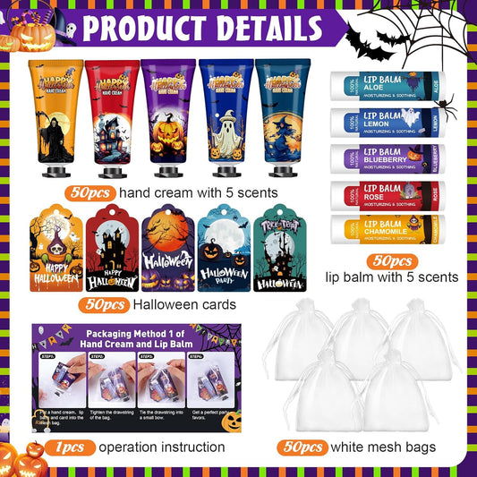 VESPRO 50 Pack Halloween Hand Cream and Lip Balm Set, Bulk Halloween Gifts with Halloween Cards and Organza Bag, Halloween Decorations and Halloween Party Favors Goodies for Women