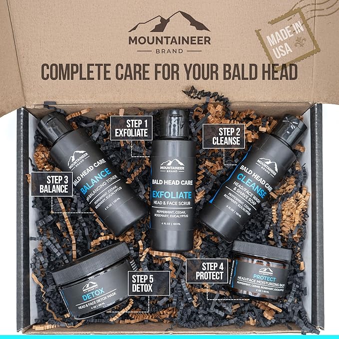 Mountaineer Brand Ultimate Bald Head Care Gifts Bundle For Men | All Natural 5 Step Skin Care for Healthy Scalp & Face | Exfoliate Scrub | Cleanse Wash | Shine Away | Moisturizing Balm | Detox
