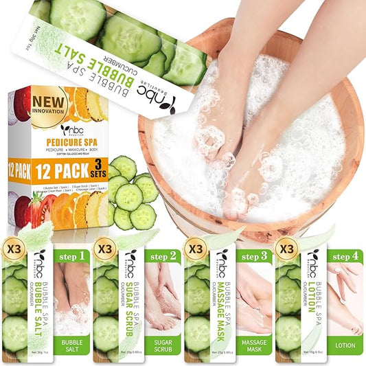 Pedicure Kit Foot Soak Set: Bubble Salt, Sugar Scrub, Massage Mask, Massage Lotion in a Box, 4 Step Foot Spa Kit for Dry Feet, Softens Calluses(3 Set Cucumber)