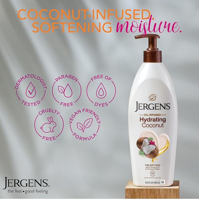 Jergens Hydrating Coconut Body Lotion, Hand and Body Moisturizer, Infused with Coconut Oil, Hydrates Dry Skin Instantly, Dermatologist Tested, 16.8 oz