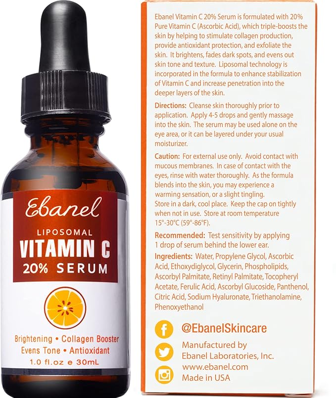 Ebanel Vitamin C Serum for Face with Ferulic Acid, Retinol, Vitamin B5 & E, Antioxidant Brightening Serum, Dark Spot Remover for Face, Anti-Aging Facial Skin Care for Day and Night