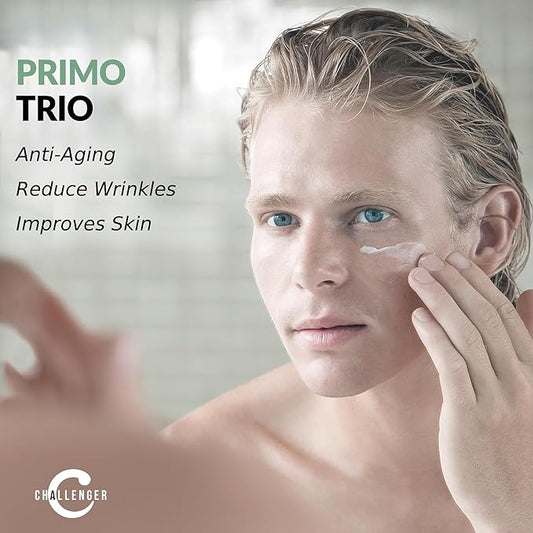 Challenger Men's Primo Anti-Aging Trio - Face Serum, Moisturizer, & Eye Cream - Plant Stem Cells, Matrixyl 300, Vitamin C, Hyaluronic Acid