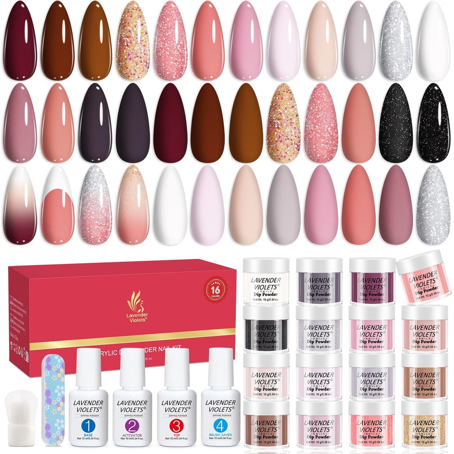 Lavender Violets 22 Pcs Dip Powder Nail Kit Starter - 16 Colors Nude Pinkish Brown Skin Tone with Base Top Coat, Activator, Brush Saver, Nail Buffer and Powder Brush M960B