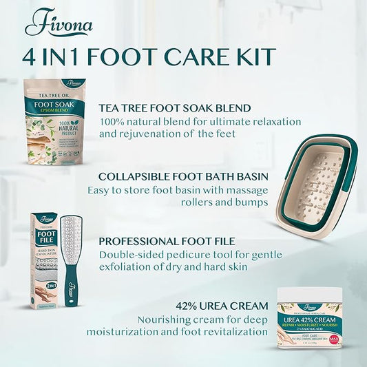 Fivona Foot Care Kit 4 in 1 - Foot Soak Blend with Epsom Salt, Tea Tree and Essential Oils - Collapsible Foot Soak Basin - 42% Urea Cream for Hard, Calloused Skin - Dual Action Foot File