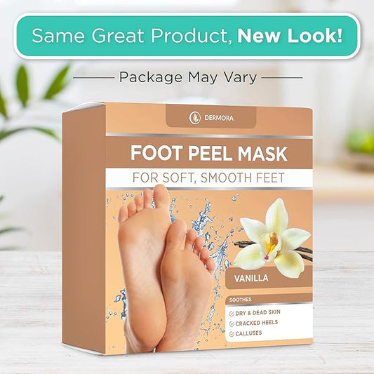 DERMORA Foot Peel Mask - 2 Pack of Large Size Skin Exfoliating Foot Masks for Dry, Cracked Feet, Callus, Dead Skin Remover - Feet Peeling Mask for baby soft feet, Vanilla Scent