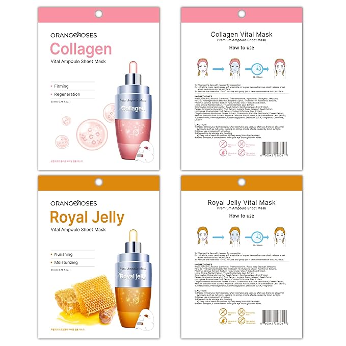 【 Orangeroses 】 30 Pcs Combo Pack Vital Ampoule Sheet Mask, Korean Facial Skincare Sheet | Simple & Effective Skincare Routine | Moisturization | Wrinkle Care | Brightening