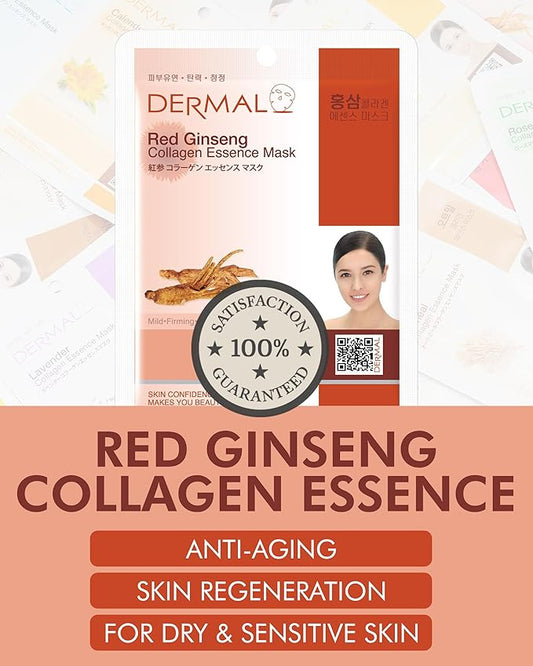 DERMAL Red Ginseng Collagen Essence Mask - Reduces Wrinkles, Radiant Skin, Rejuvenating Skin - Hypoallergenic Skin Friendly Sheet